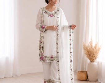 Fox Georgette Palazzo Set with Embroidered Dupatta, Designer Ethnic Outfit for Women