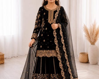 Girls Fendy Silk Palazzo Suit with Embroidered Dupatta