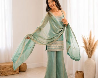 Sea Green Farshi Salwar Set with Embroidered Dupatta, Vichitra Silk Ethnic Outfit
