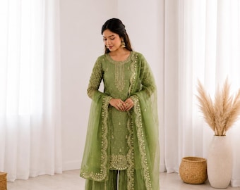 Fendy Silk Palazzo Suit Set with Sequins Embroidery Dupatta