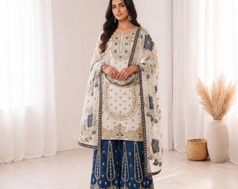 GMY Silk Palazzo Suit with Embroidered Organza Dupatta