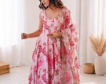 Floral Muslin Anarkali Suit with Organza Dupatta