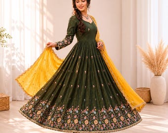 Fendi Silk Embroidered Gown with Dupatta, Wedding Gown for Women, Ethnic Party Wear Dress