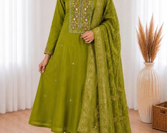 Green Viscose Mango Silk Embroidered Kurti Set with Meena Dupatta