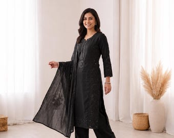 Mirror Work Palazzo Set with Organza Dupatta, Embroidered Wedding Outfit for Women