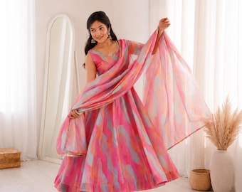 Pastel Organza Gown Set with Dupatta, Printed Anarkali Dress for Women