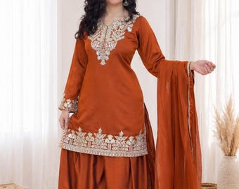 Orange Fendy Kurti Palazzo Set with Dupatta, Sequins Embroidered Ethnic Suit XS-XXL