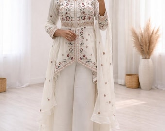White Silk Kurta Set, Embroidered Suit Set with Pant and Dupatta, Wedding Outfit