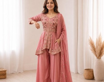 Pink Mirror Work Palazzo Set with Organza Dupatta, Embroidered Wedding Outfit for Women