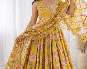 Yellow Floral Anarkali Dress, Muslin Indian Outfit with Dupatta Wedding Wear