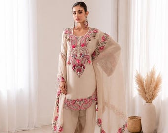Georgette Farshi Suit Set with Embroidered Dupatta, Wedding Outfit for Women