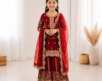 Girls Fendy Silk Palazzo Suit with Embroidered Dupatta