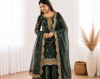 Fendy Silk Palazzo Suit Set with Sequins Embroidery Dupatta
