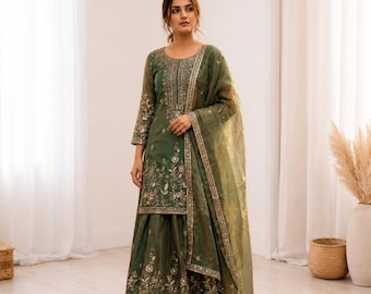 Zmy Chu Silk Sharara Suit with Embroidered Dupatta