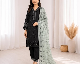 Embroidered Roman Palazzo Set with Organza Dupatta, Wedding Outfit for Women