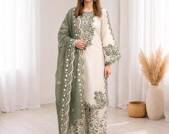 Roman Glass Palazzo Set with Organza Dupatta, Embroidered Party Wear Outfit