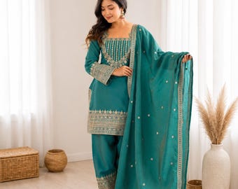 Sea Green Farshi Salwar Set with Embroidered Dupatta, Silk Ethnic Outfit for Women
