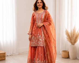 Embroidered Sharara Set with Dupatta, Silk Ethnic Outfit for Women