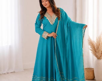 Sky Blue Embroidered Gown Set with Dupatta, Roman Fabric Wedding Outfit for Women