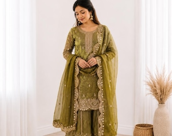Fendy Silk Palazzo Suit Set with Sequins Embroidery Dupatta