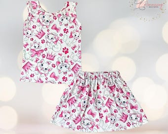 Conjunto de saia e blusa da Marie, inspirada nos Aristogatos, para meninas | Roupa rosa da Disney | Roupa fofa da Marie | Moda infantil e para meninas