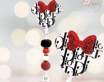 Handgemachte Designer inspiriert Minnie Perlen Abzeichen Reel, schwarz weiß rot Ausweishalter, einziehbare ID Reel, Krankenschwester Ausweisclip, Lehrer Geschenk
