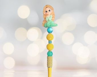 Bolígrafo de cuentas con adorno plano inspirado en las princesas Disney - Elsa (extendido)