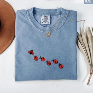 May include: Ice blue Comfort Colors t-shirt with a crew neck and a ladybug design. The ladybugs are red with black spots and are arranged in a diagonal line. A gold necklace with a pendant is draped across the shirt.