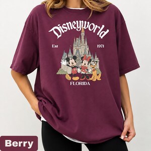 May include: Berry-colored t-shirt featuring the text "Disneyworld" above a graphic of Cinderella's castle and Mickey, Minnie, and Pluto. The shirt also includes the text "Est 1971" and "Florida".