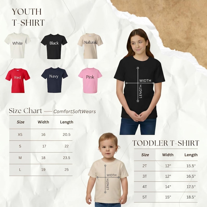 May include: Image showcasing youth and toddler t-shirts in various colors, including white, black, red, navy, pink, and natural. A size chart details measurements for both youth and toddler sizes, with width and length in inches.