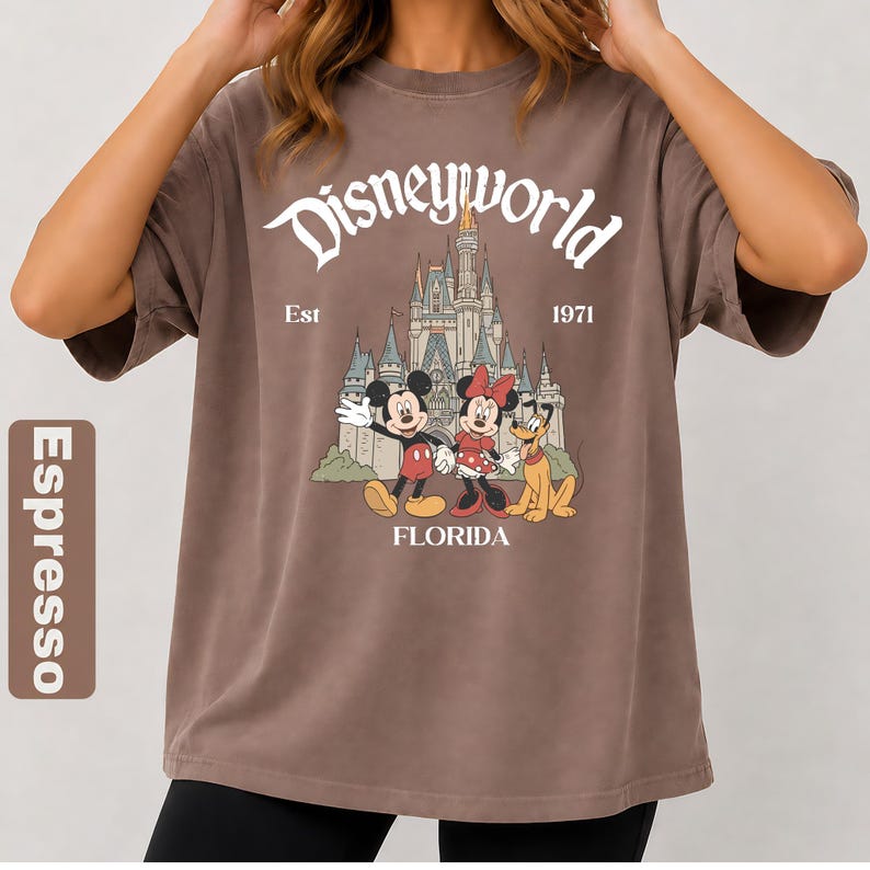 May include: Espresso-colored t-shirt featuring a graphic of Mickey Mouse, Minnie Mouse, and Pluto in front of a castle. The text "Disneyworld Florida" is arched above the characters, with "Est 1971" below the "Disneyworld" text.
