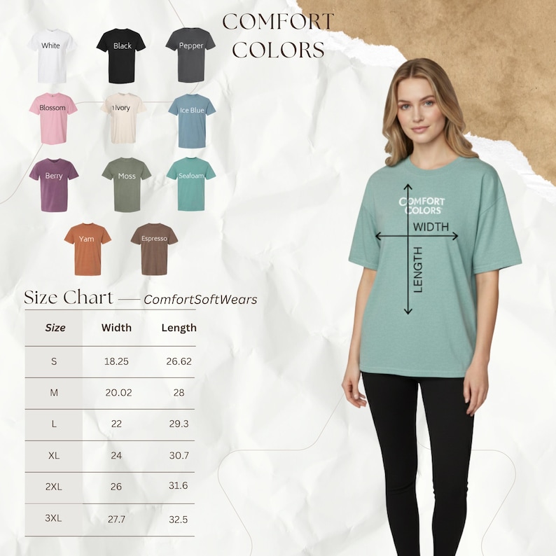 May include: A woman wearing a light green t-shirt with the text "COMFORT COLORS" and size chart. The image displays various t-shirt colors: white, black, pepper, blossom, ivory, ice blue, berry, moss, seafoam, yam, and espresso.