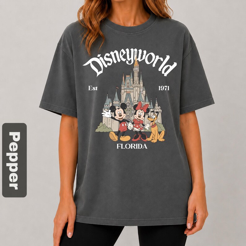 May include: Dark gray t-shirt featuring a Disney World graphic. The design includes the words "Disneyworld" in a stylized font, the year "1971", and an illustration of Mickey Mouse, Minnie Mouse, Pluto, and a castle. The word "FLORIDA" is also included.