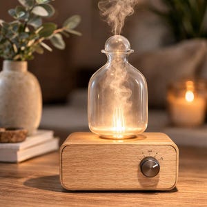 Puede incluir: Un difusor de aceites esenciales de vidrio transparente con una bombilla en su interior, emitiendo vapor. El difusor se encuentra sobre una base de madera con un mando de control. El fondo incluye un jarrón con vegetación y una vela encendida.