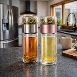 May include: Two glass tea infuser bottles with stainless steel and rose gold accents. One bottle contains amber tea, the other contains yellow tea. The tops of the bottles are filled with loose tea leaves.