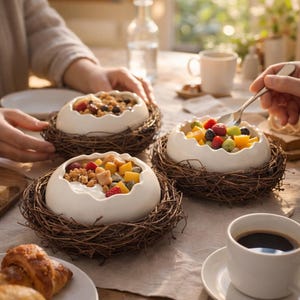 Op de afbeelding: Witte keramische kommen gevuld met fruit en granola, genesteld in geweven takkennesten. De kommen staan op een tafel met een kopje koffie en een croissant. Een persoon houdt een lepel vast.