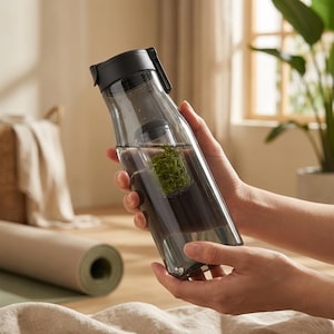 May include: A clear, gray water bottle with a black lid and infuser, held by a person. The bottle contains water and green tea leaves. The bottle is designed for hydration and wellness.