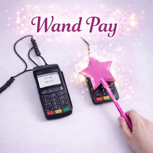 Op de afbeelding: Twee zwarte kaartlezers, één met een snoer en de andere met een roze ster-vormige toverstaf. De tekst "Wand Pay" wordt in een cursief lettertype weergegeven. Het scherm van de kaartlezer zegt "Kaart invoegen".