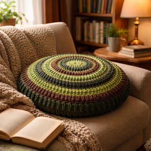 Op de afbeelding: Een ronde, gehaakte kussen in groen-, bruin- en olijftinten ligt op een beige fauteuil. De kussen heeft concentrische cirkels van kleur en een getextureerd oppervlak. Een boek en een gebreide deken liggen ook op de stoel.