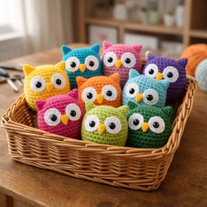 May include: A collection of colorful, crocheted owl toys in a woven basket. The owls are in various colors, including yellow, pink, blue, orange, green, and purple, with large white eyes and yellow beaks. The basket sits on a wooden surface.