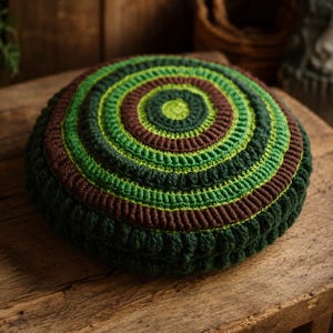 May include: A round, crocheted cushion featuring concentric circles in shades of forest green, lime green, and dark brown. The surface displays a textured pattern with alternating rows of flat stitches and raised, puffy bobble stitches throughout.