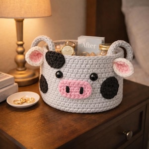 May include: A handmade crochet basket shaped like a cow, with gray yarn, black spots, and a pink snout and ears. The basket has two handles and is filled with items. The basket is sitting on a wooden nightstand.