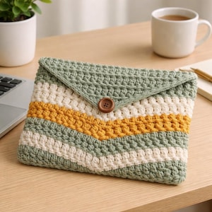 Puede incluir: Una funda de ordenador portátil de ganchillo hecha a mano con un diseño de chevron. La funda presenta rayas alternas en verde salvia, crema y amarillo mostaza. Un botón de madera asegura el cierre de la solapa. La funda está sobre una superficie de madera.