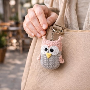 May include: A handmade crochet owl keychain in shades of pink, gray, white, and yellow. The owl has large, round eyes and small wings. The keychain is attached to a silver metal ring and is hanging from a beige purse.