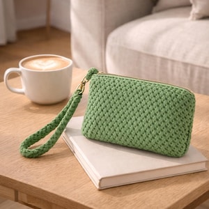 May include: A green crochet wristlet with a gold zipper and a matching wrist strap rests on a closed book. A white mug of coffee sits nearby on a wooden table. The wristlet is approximately 7 inches long.