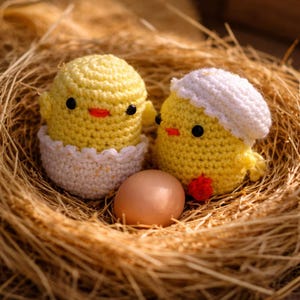 May include: A nest made of dried grass holds two yellow crochet chicks with black eyes and red beaks. One chick is in a white and cream eggshell, and the other wears a white bonnet. A brown egg sits between them.