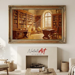 Marco de biblioteca vintage para TV, interior de estudio antiguo con estanterías y ventana soleada, decoración clásica de sala de lectura, descarga digital 4K