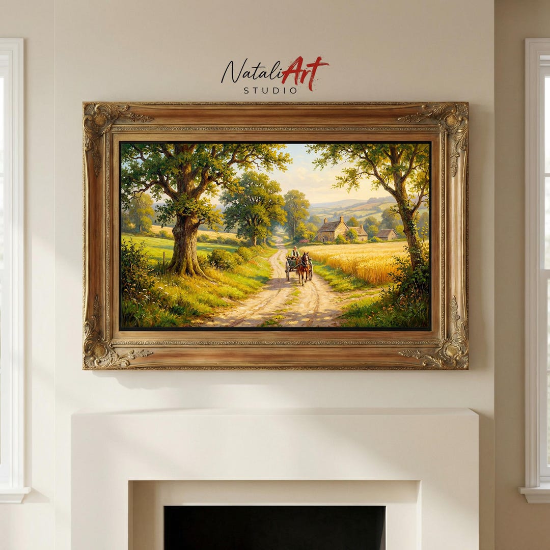 Vintage Countryside Frame TV Art, Rustic Farm Landscape Painting, Horse ...