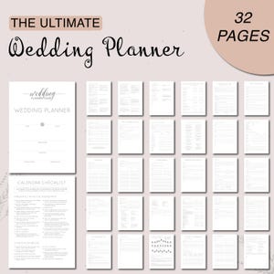 May include: A wedding planner guide with 32 pages. The cover features the text "The Ultimate Wedding Planner" in a decorative font. Inside pages include checklists and planning sections. The overall color scheme is white and light beige.
