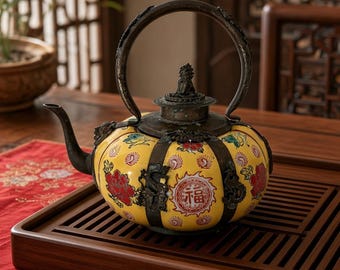 Vintage Chinese Yellow Porcelain Teapot with Bronze Mounts – Dragons & “福” Fortune Symbol